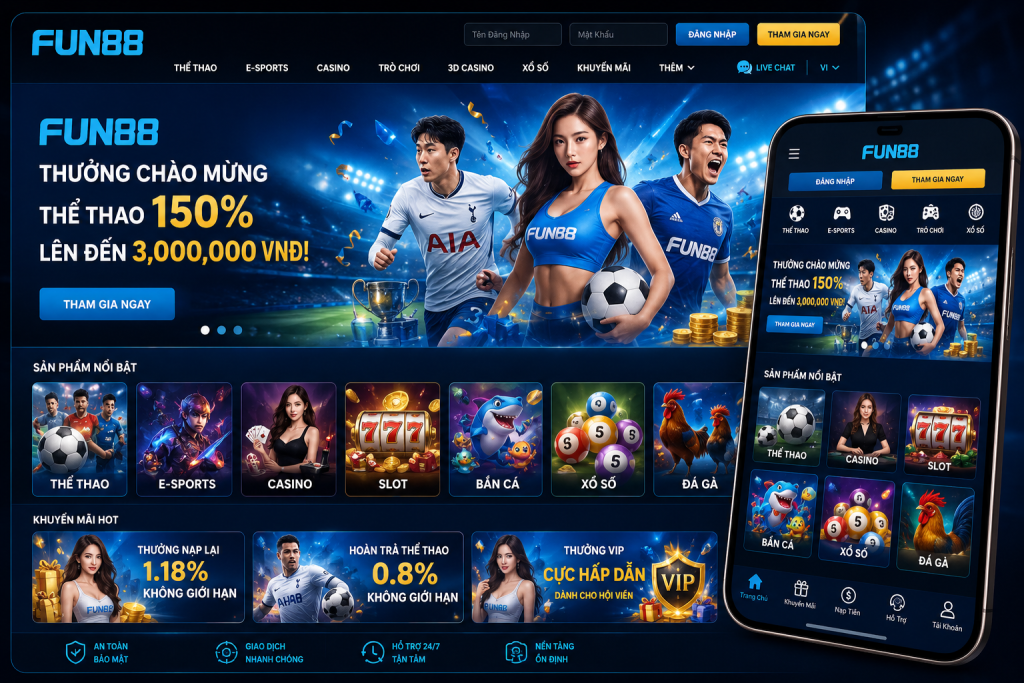 Giao diện trang chủ Fun88 trên máy tính và điện thoại với tông màu vàng đen hiện đại