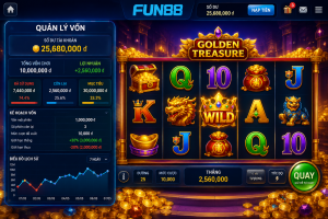 Người chơi đang theo dõi bảng quản lý vốn bên cạnh giao diện game nổ hũ 3D với biểu đồ ngân sách và số dư tài khoản