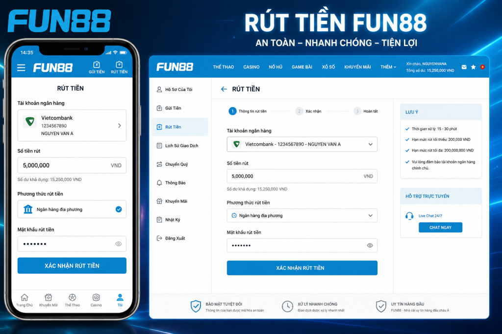 Giao diện mục Rút tiền Fun88 trên điện thoại với biểu mẫu nhập số tiền, chọn tài khoản ngân hàng và nút xác nhận nổi bật