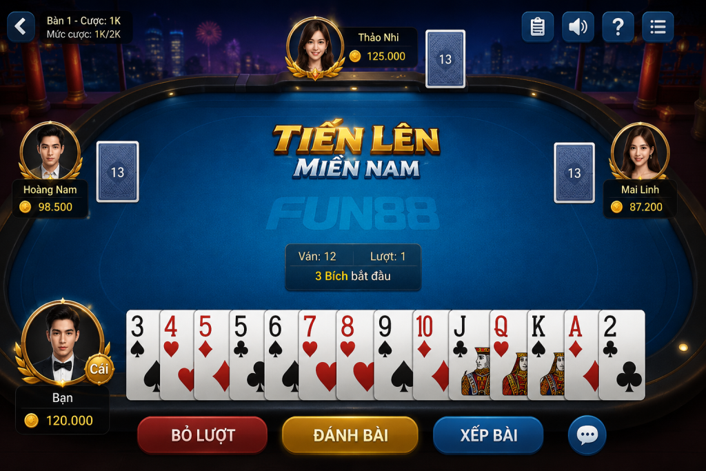 Giao diện game bài 3D Tiến Lên Miền Nam Fun88